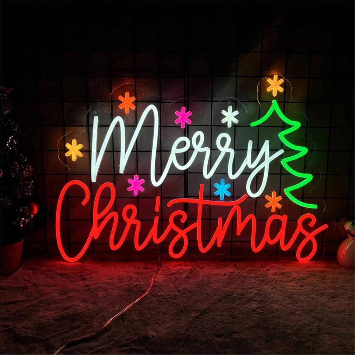 Wall Decor Lighting Tree - Frohe Weihnachten-Neonschild mit bunten Sternen und
