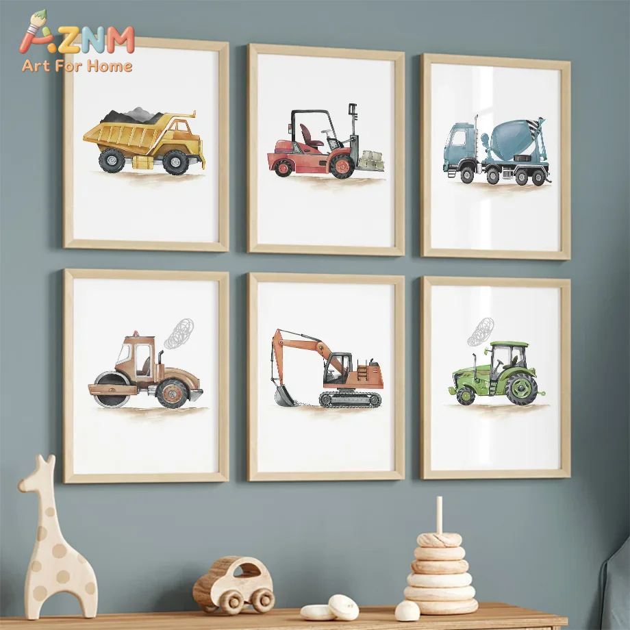 Lighting Mcqueen Bedroom Decor - 6 Stück Nordische Moderne Cartoon-Auto-Baufahrzeug-Bagger-Poster für