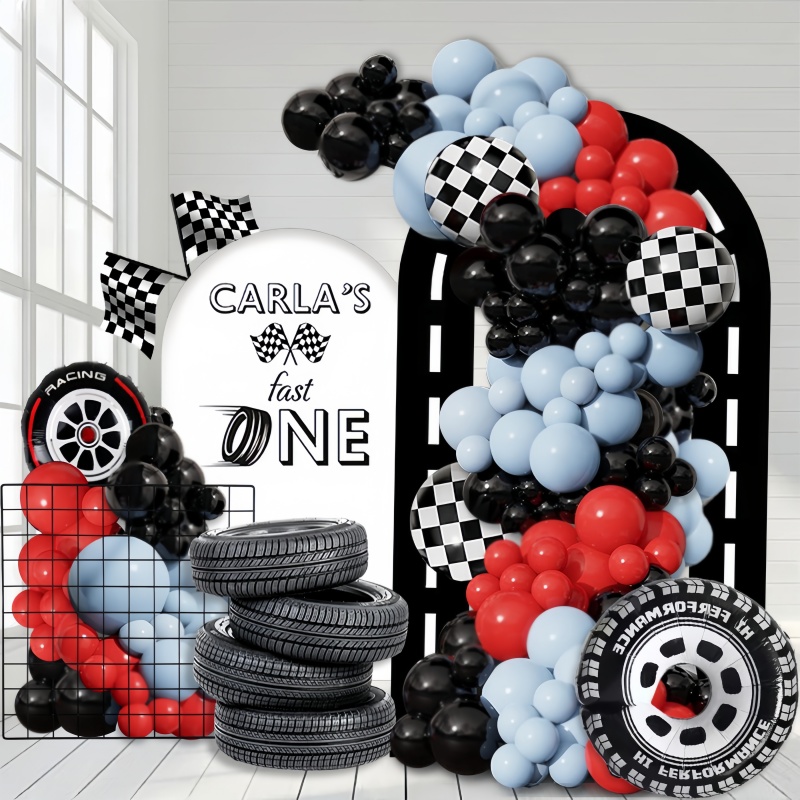 Lighting Mcqueen Decor - 115-teiliges Rennwagen-Themen-Geburtstagsballon-Set, Macaron-Blau, Rot und Schwarz